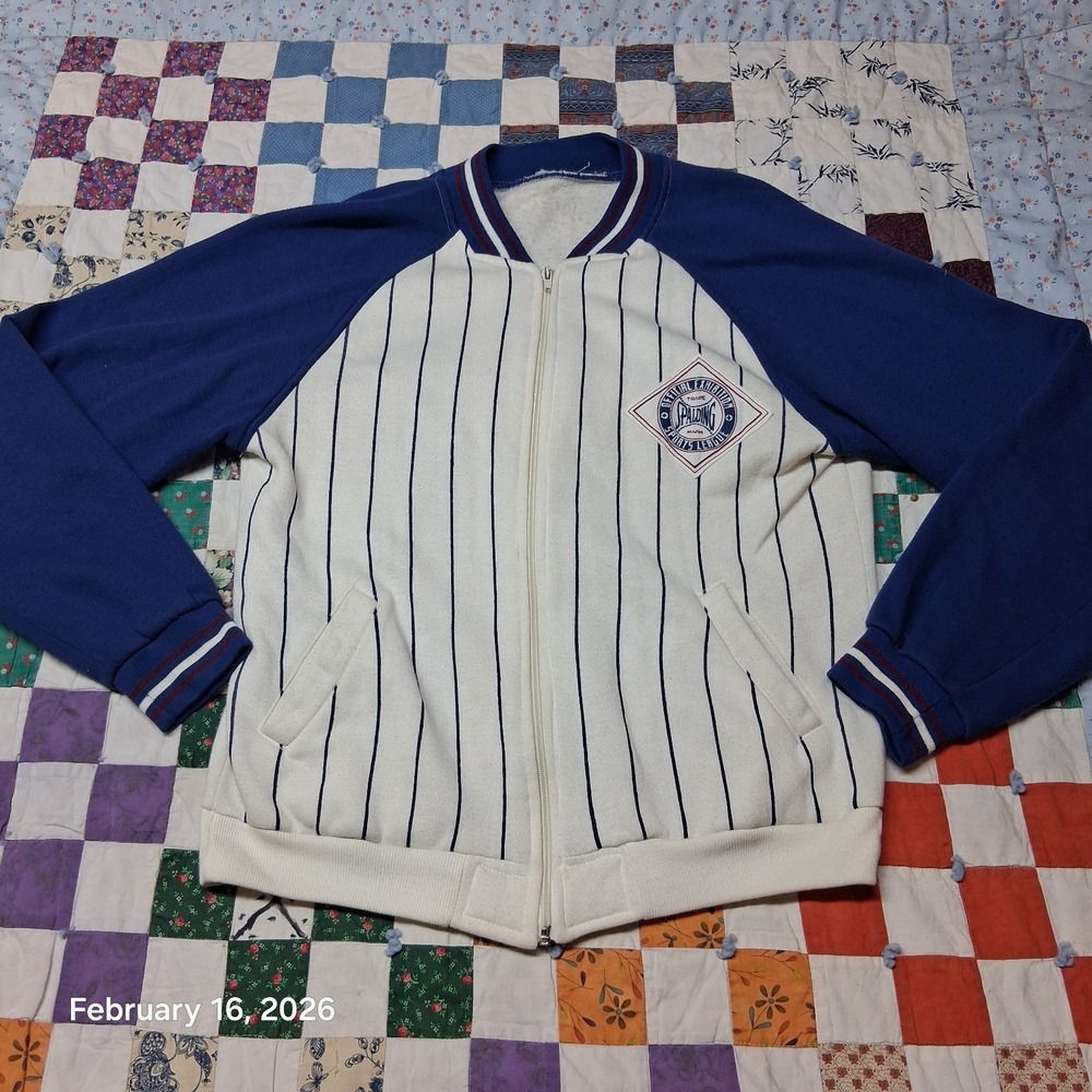 Vintage Spalding Full Zip Baseball Sweatshirt Large Pin Stripe Blue and White